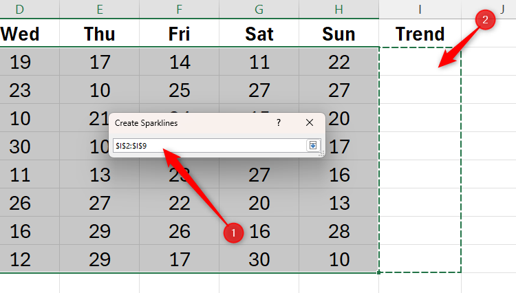 The Create Sparklines dialog box in Excel, with the Location Range field activated, and cells I2 to I9 selected.