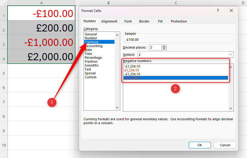 The Currency number format in Excel's Format Cells dialog box, with the Negative Numbers section highlighted, and the final option selected.