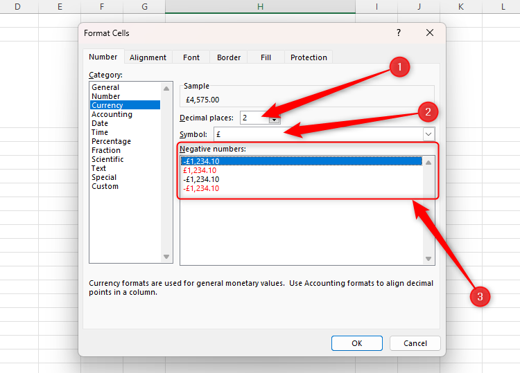 The Currency number format in Excel's Format Cells dialog box, with the three options for adjusting how monetary values are displayed highlighted.