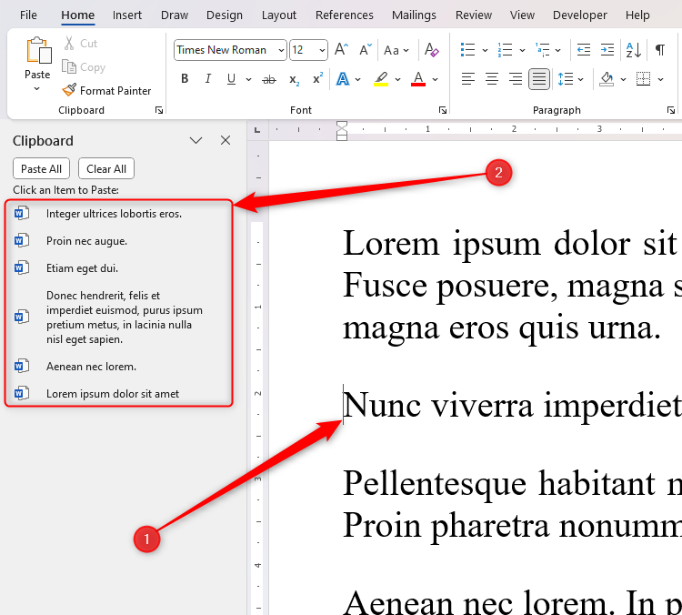 The cursor is placed at the start of a paragaph in Microsoft Word, and items in clipboard pane are ready to be clicked to be added to where the cursor is placed.