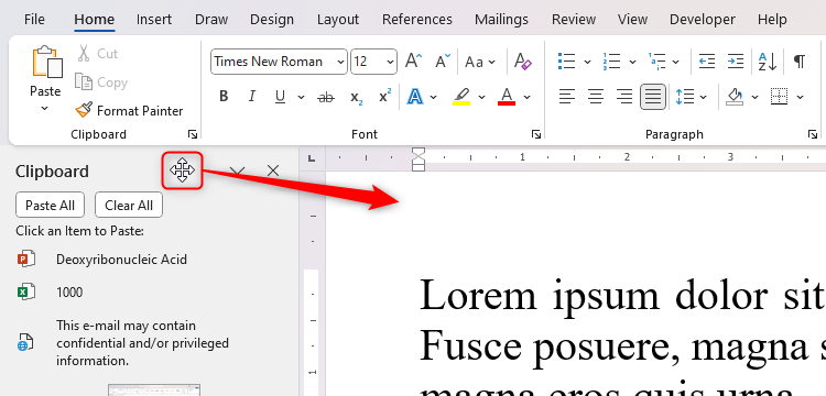 The cursor is positioned at the top of the clipboard pane, where the clipboard can be clicked and dragged to a different location, as indicated by an arrow.