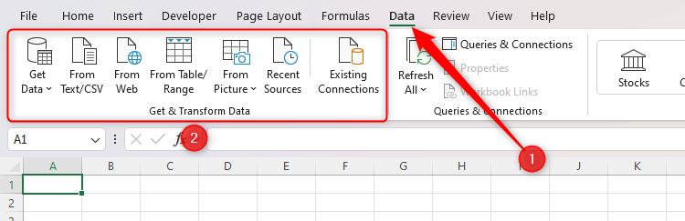 The Data tab in Excel, with the Get And Transform Data group highlighted.