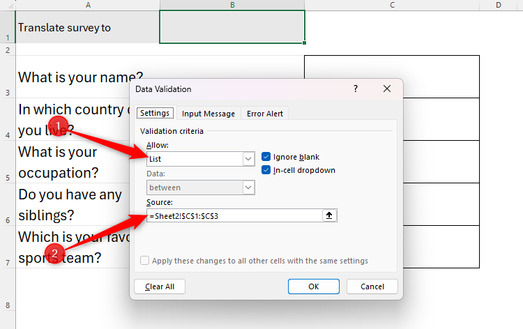 The Data Validation window in Excel, with 'List' selected in the Allow field, and cells C1 to C3 in Sheet 2 selected in the Source field.