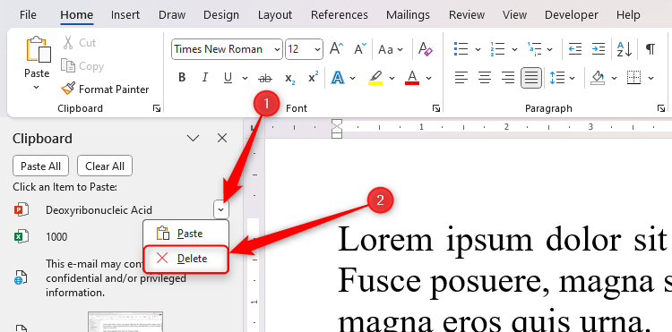 The drop-down arrow next to an item in Microsoft Word's clipboard pane is expanded, and the Delete option is selected.