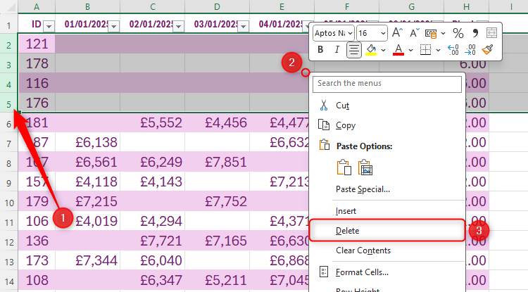 The empty rows in an Excel table are selected, and the Delete option in the right-click menu is highlighted.