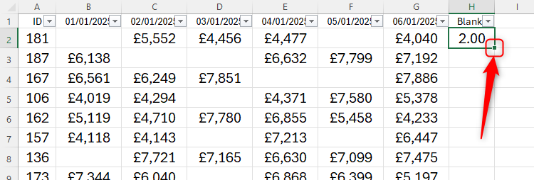 The fill handle of a cell containing the COUNTBLANK formula is highlighted.