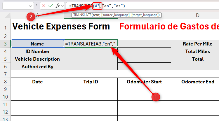 The first argument in the TRANSLATE function in Excel is changed from A1 to A3.