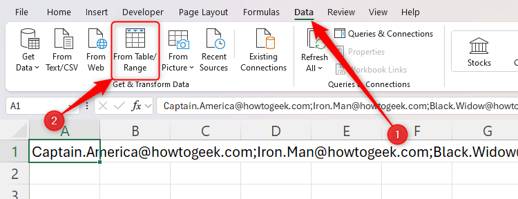 The From Table Or Range button in the Data group in Excel.