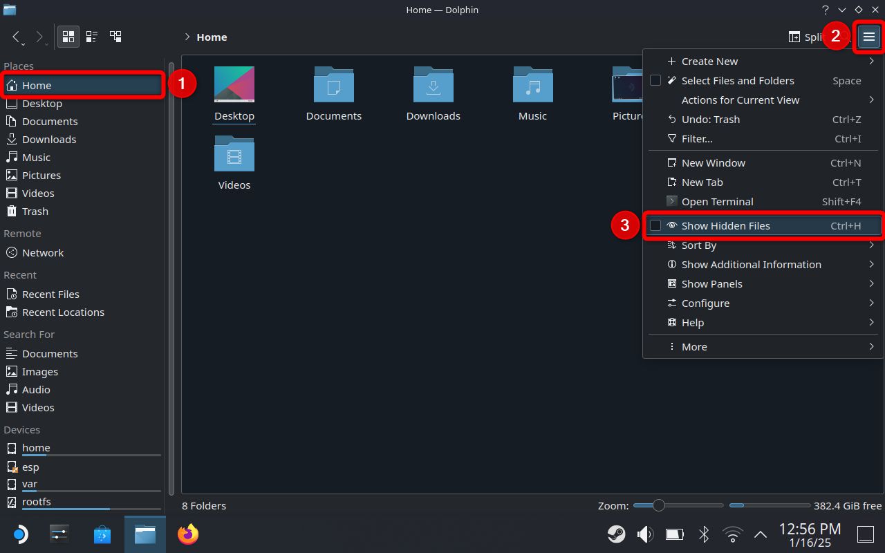 The hamburger menu on the Steam Deck desktop mode File Manager