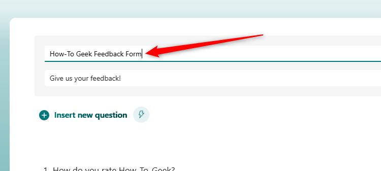 The header of a form in Microsoft Forms is being edited.