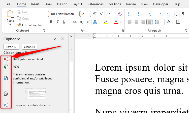 The icons representing the desintations of various copied items are displayed in Microsoft Word's clipboard pane.