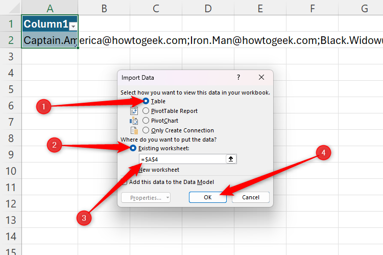 The Import Data dialog box in Excel, with Table and Existing Workbook selected, cell A4 as the location, and the OK button highlighted.