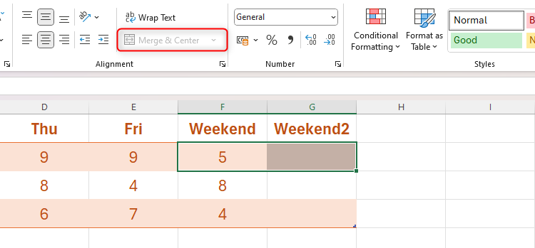 The Merge And Center button is grayed out in Excel as the selected cells are in a formatted table.