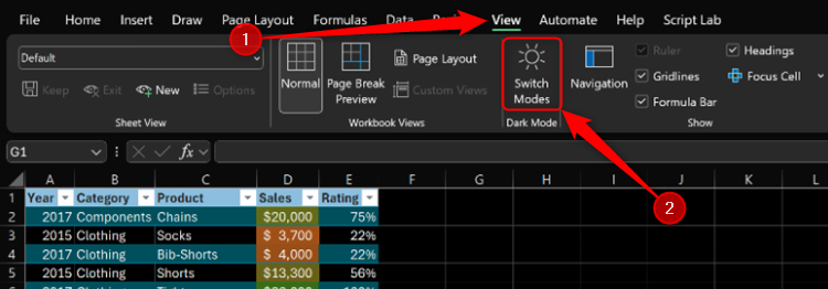 The Microsoft Excel Dark Mode view icon in the View tab on the ribbon.