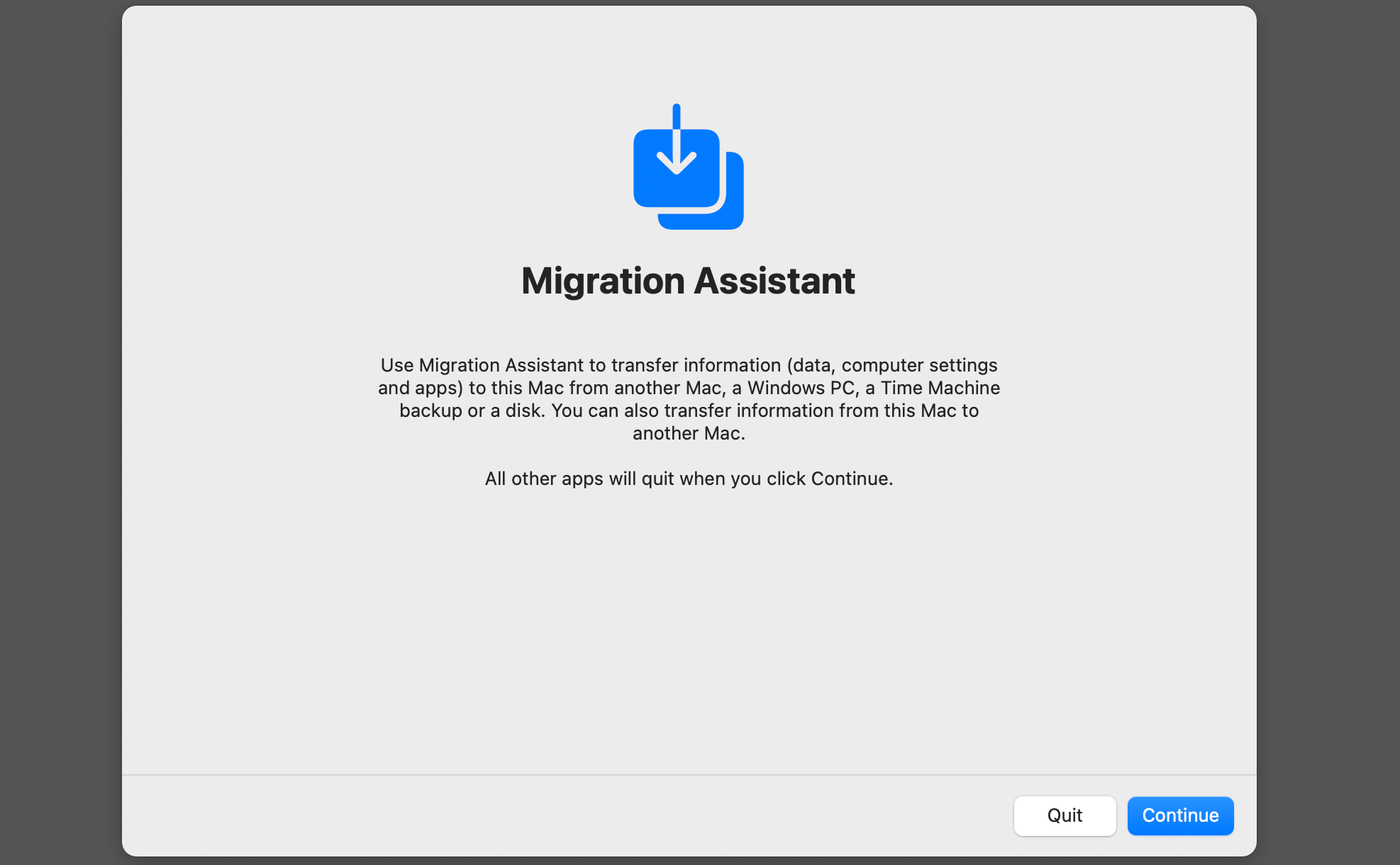 The Migration Assistant in macOS.