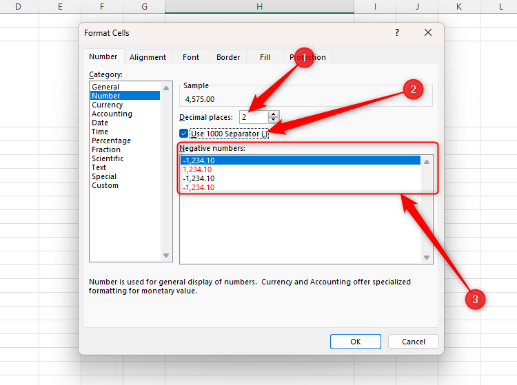 The Number number format in Excel's Format Cells dialog box, with the three options for adjusting how numbers are displayed highlighted.