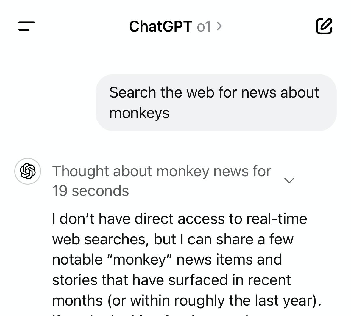 The o1 model in ChatGPT confirming that it is unable to perform real-time web searches.
