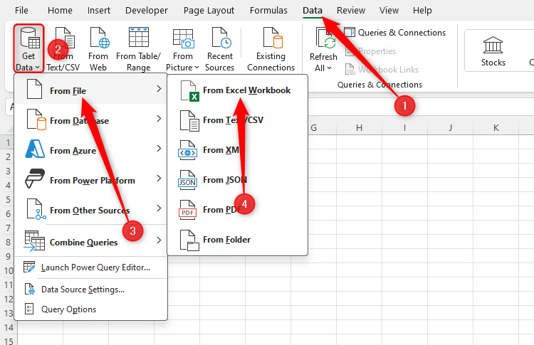 The option in Excel to extract data fom an Excel Workbook via the Get Data drop-down in the Data tab.