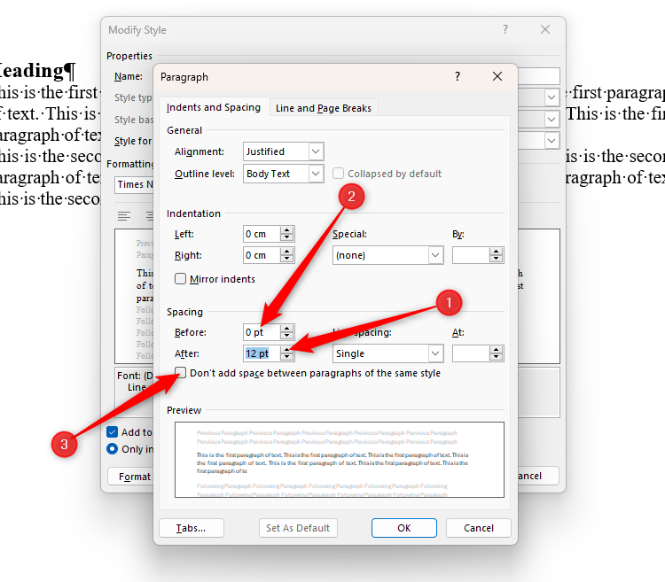 The Paragraph dialog box in Microsoft Word showing the Spacing After as 12 pt, the Spacing Before as 0 pt, and the Don't Add Space checkbox unchecked.