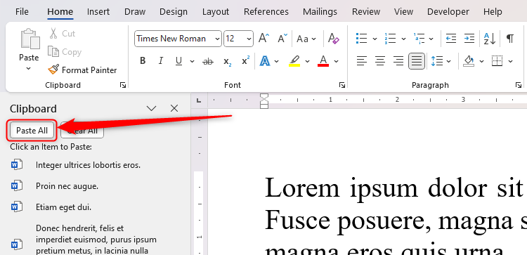 The Paste All button in Microsoft Word's clipboard pane is highlighted.