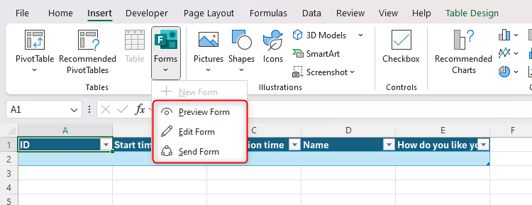 The Preview Form, Edit Form, and Send Form options in Excel's Forms drop-down menu are highlighted.