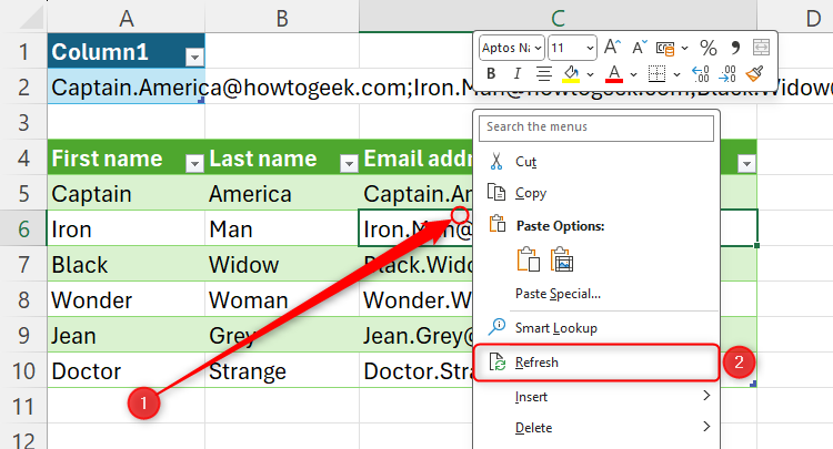 The Refresh option in Excel for updating a Power Query table.