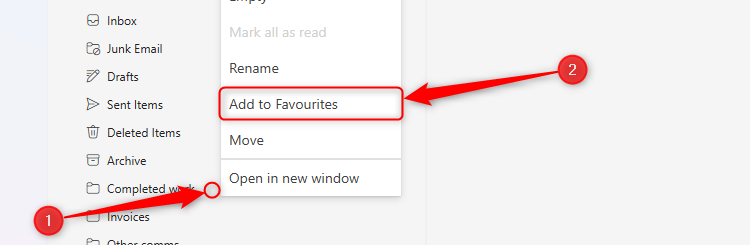 The right-click menu on a folder in the new Outlook navigation pane is opened, and Add To Favorites is selected.