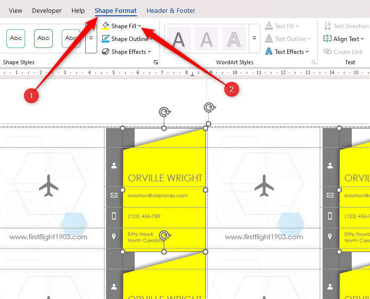 The Shape Fill option in the Shape Format tab on the ribbon in Microsoft Word.