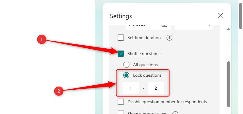 The Shuffle Questions box is checked in Microsoft Forms, and the Lock Questions option is activated, with questions 1 to 2 stipulated as the questions to be locked.