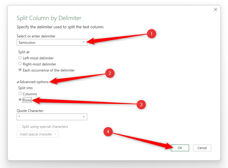 The Split Column By Delimited dialog box in Excel's Power Query, with 'Semicolon' and 'Rows' selected.