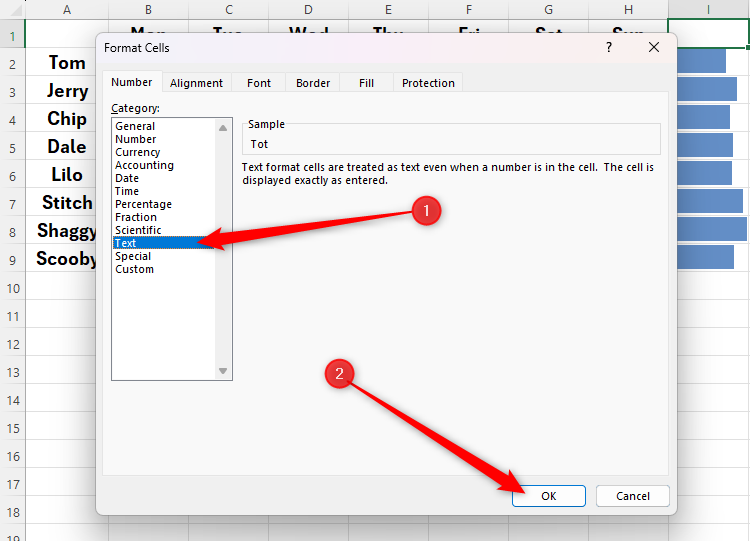 The Text number format is selected in the Format Cells dialog box in Excel.