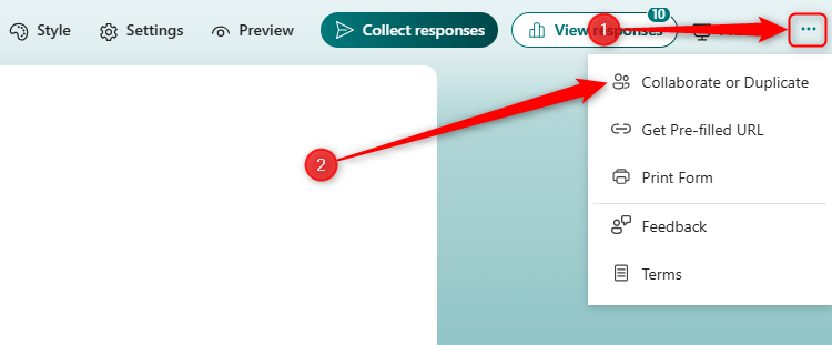 The three-dot menu in the top-right corner of a form in Microsoft Forms, with the Collaborate Or Duplicate option selected.