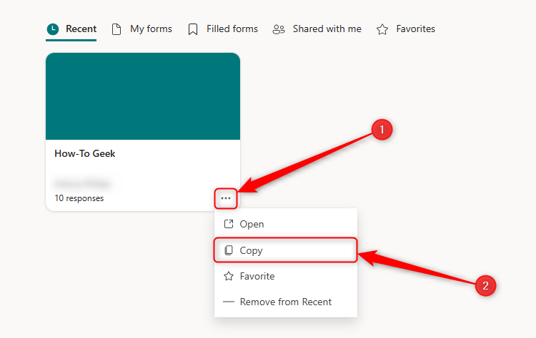 The three-dot menu on a form in Microsoft Forms is selected, and the Copy option is highlighted.