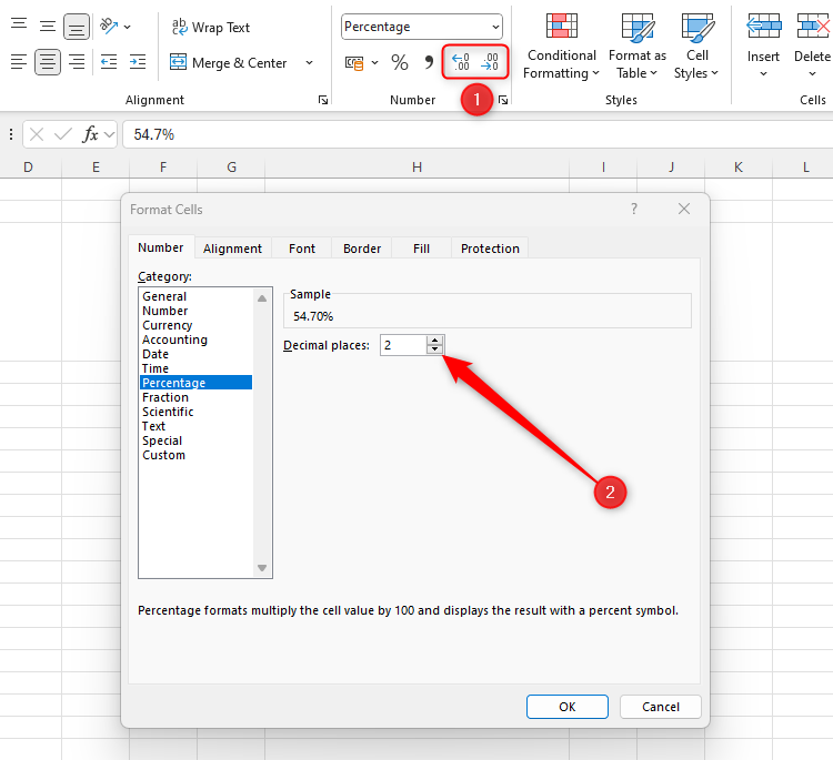 The two ways in Excel to change the number of decimal places. The first is by using the decimal icons in the Number group; the second is in the Format Cells dialog box.