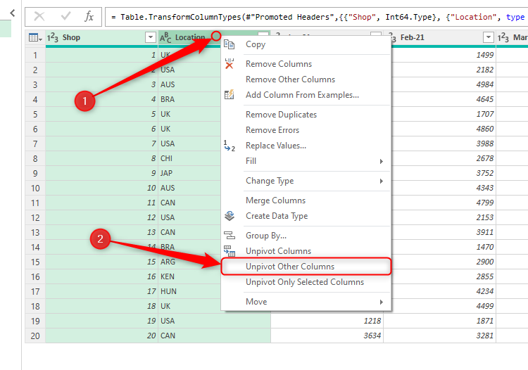 The Unpivot Other Columns option in Excel's Power Query Editor, with the first two columns selected as the static columns.