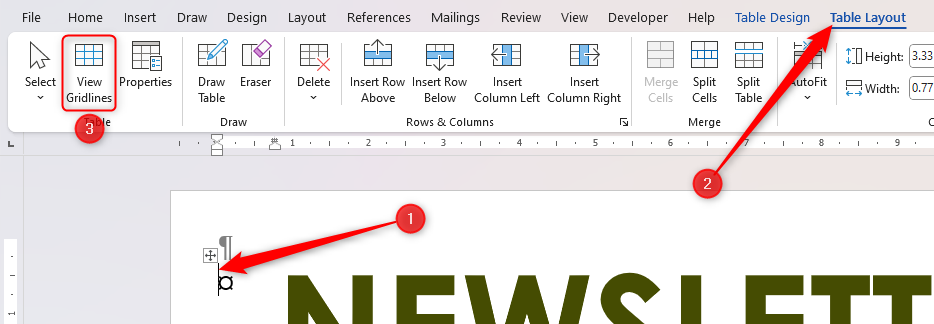 The View Gridlines option in Microsoft Word, accessed via the Table Layout tab.