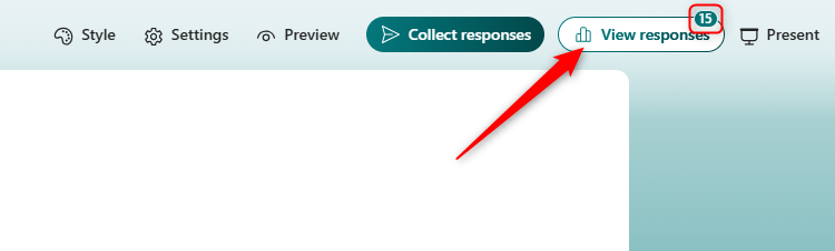 The View Responses button in Microsoft Forms, with the number 15 indicating the responses received.