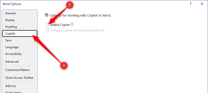 The Word Options dialog box, with the Copilot menu opened, and the Enable Copilot checkbox unchecked.
