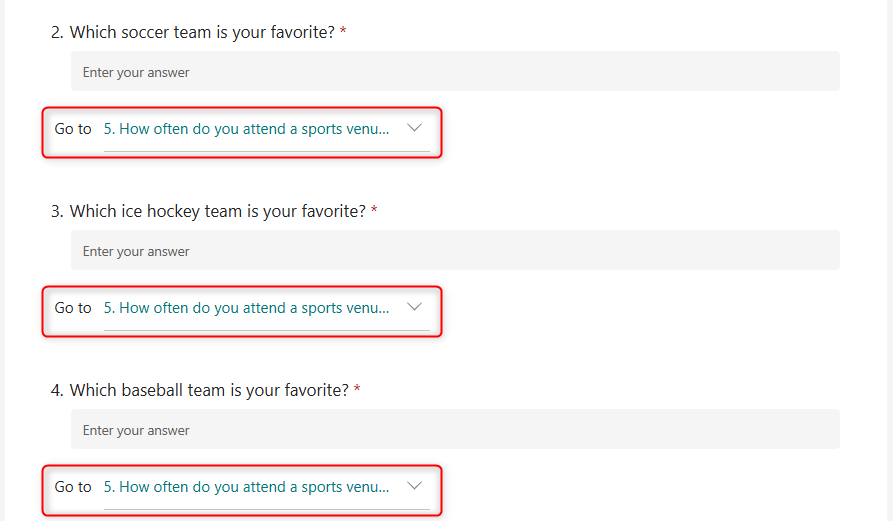 Three questions in a Microsoft Form that uses branching to direct the user to question 5.