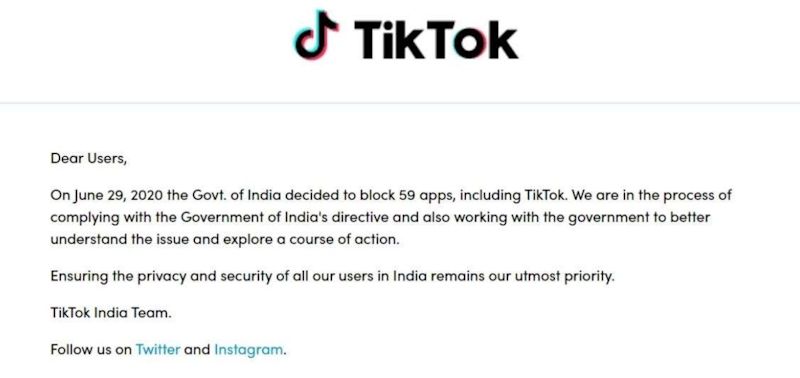 TikTok ban message that appears on accessing TikTok in India.