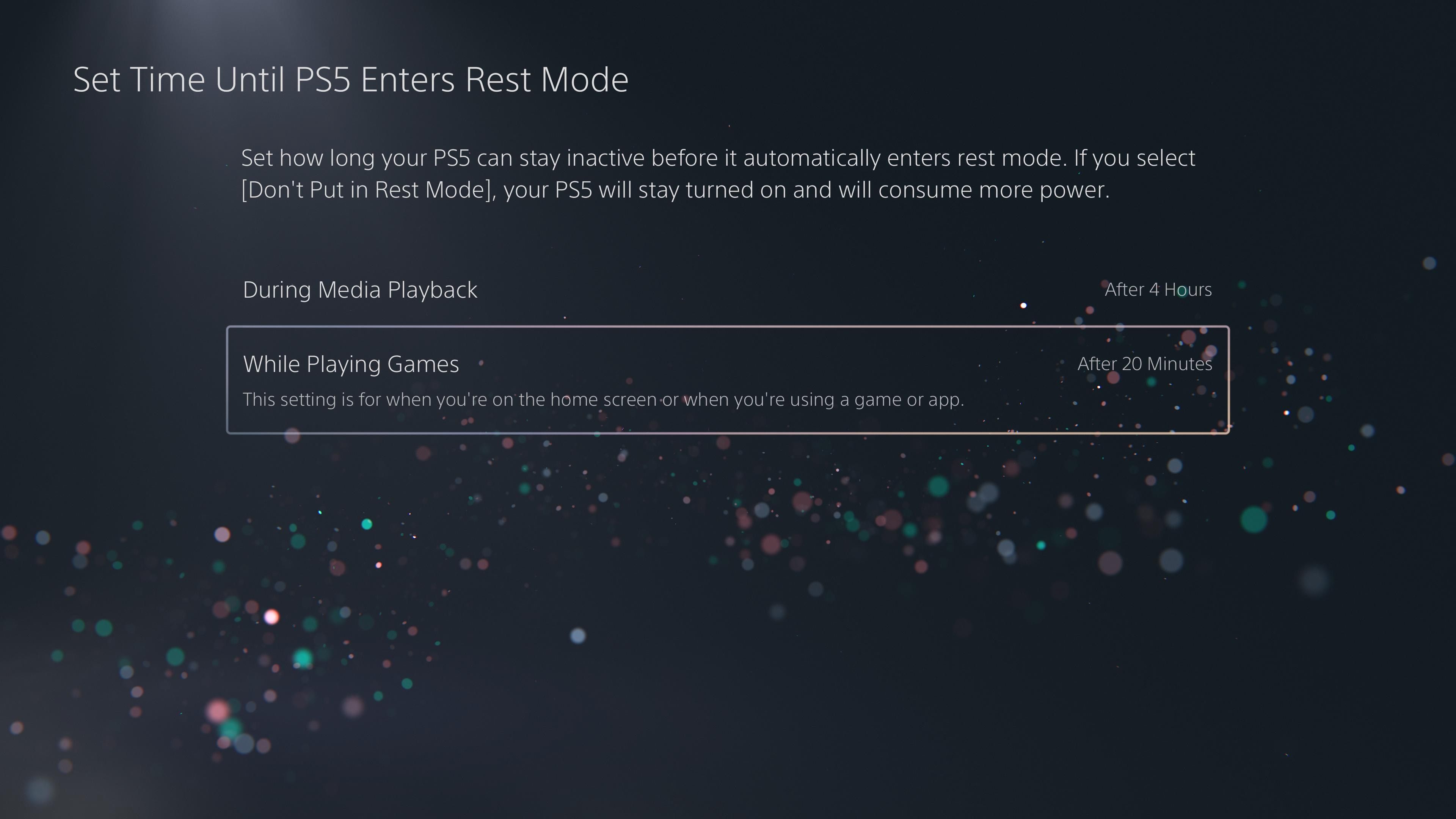 Time until PS5 enters Rest Mode.