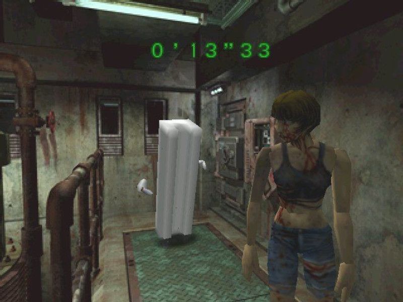 A zombie and a block of Tofu armed with a knife in "The Tofu Survivor" mode from Resident Evil 2.