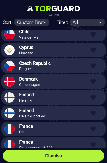 A picture of TorGuard&rsquo;s server selection screen.