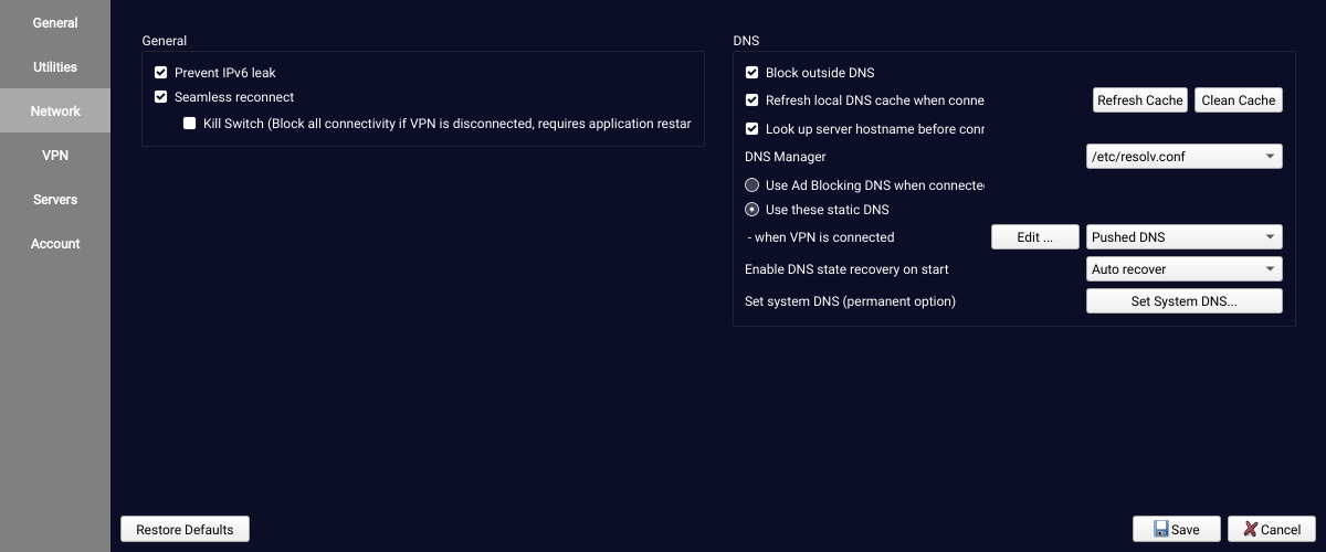 A picture of TorGuard&rsquo;s settings screen.