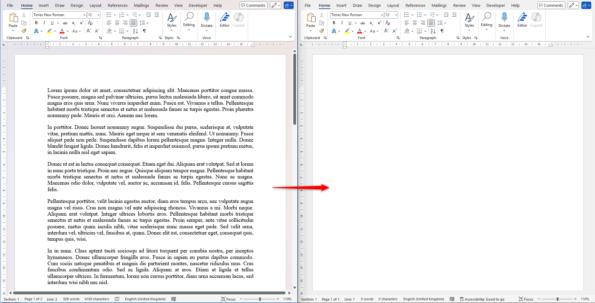 Two Microsoft Word windows, with the left-hand window containing text, the right-hand window blank, and an arrow in the center from the left document to the right.