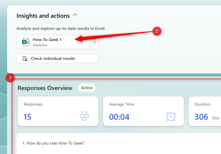 Two ways to analyze responses in a Microsoft Form. The first is in the browser, and the second is via the Excel for the web link.