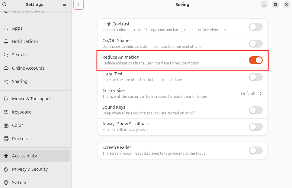 Ubuntu accessibility setting in system settings