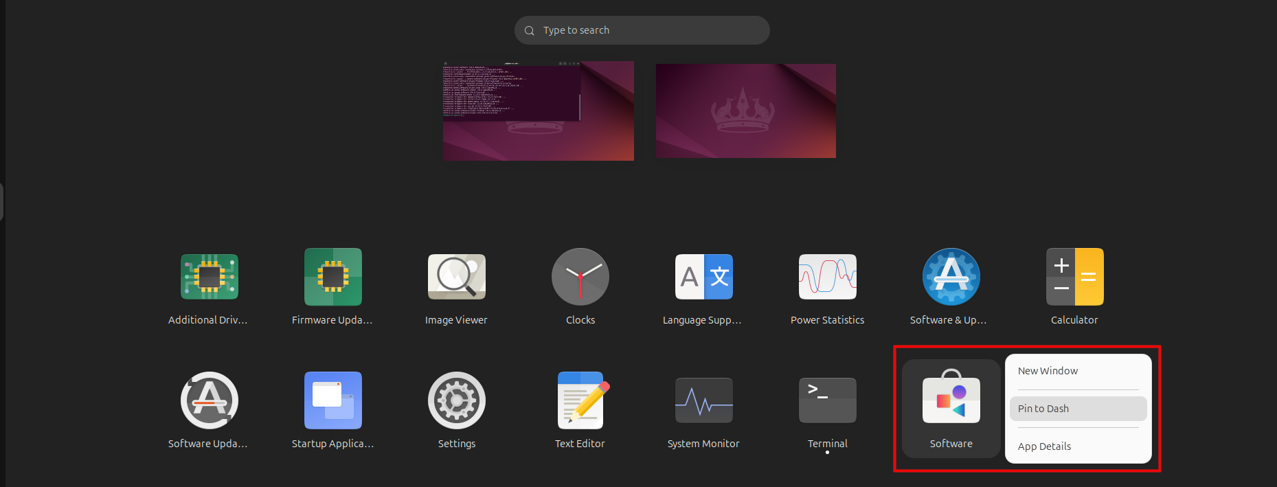 Ubuntu app launcher showing GNOME Software pin to dash option