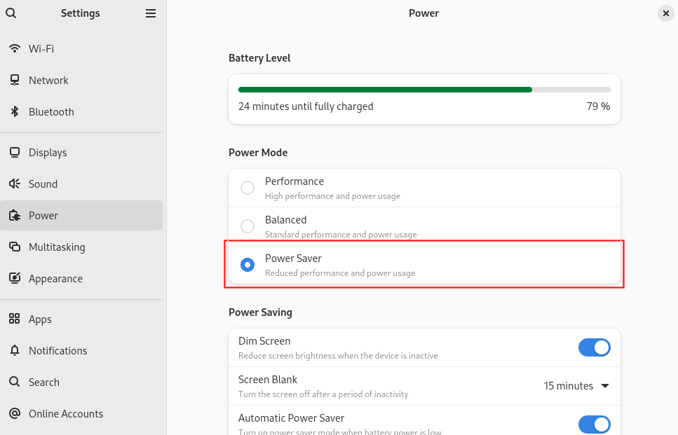 Ubuntu power saver settings options