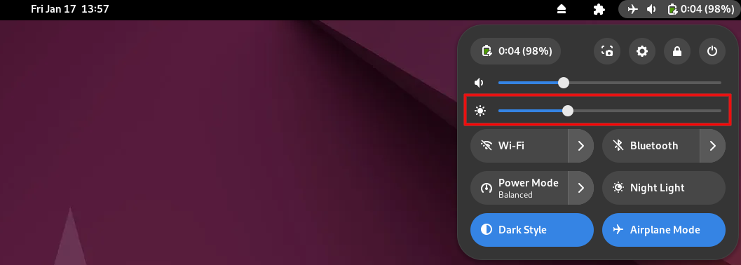 Ubuntu system menu showing brightness slider